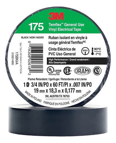 Cinta Aislante 3m Temflex 165 Pvc 19mmx18.3m Negro X Pack 10
