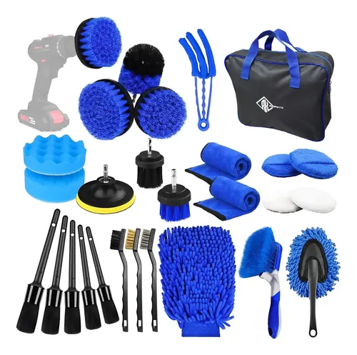Kit Limpieza Estetica Vehicular Auto 24 Piezas Detailing Pad Pulido Esponja Microfibra Cepillos Bolso Azul